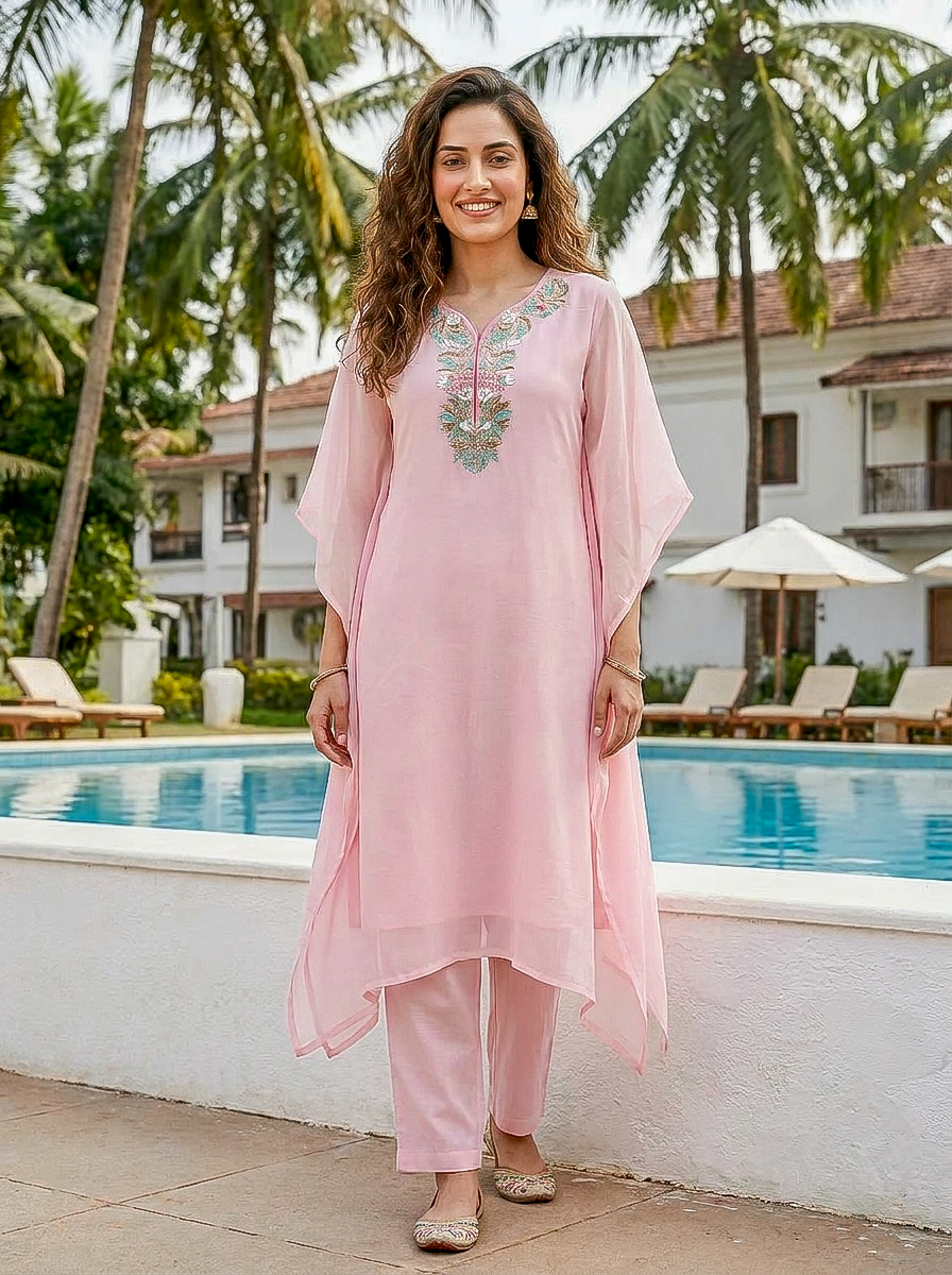 Pink Embroidered Organza Kaftan with Pants — model front