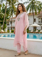 Pink Embroidered Organza Kaftan with Pants — kurta detail