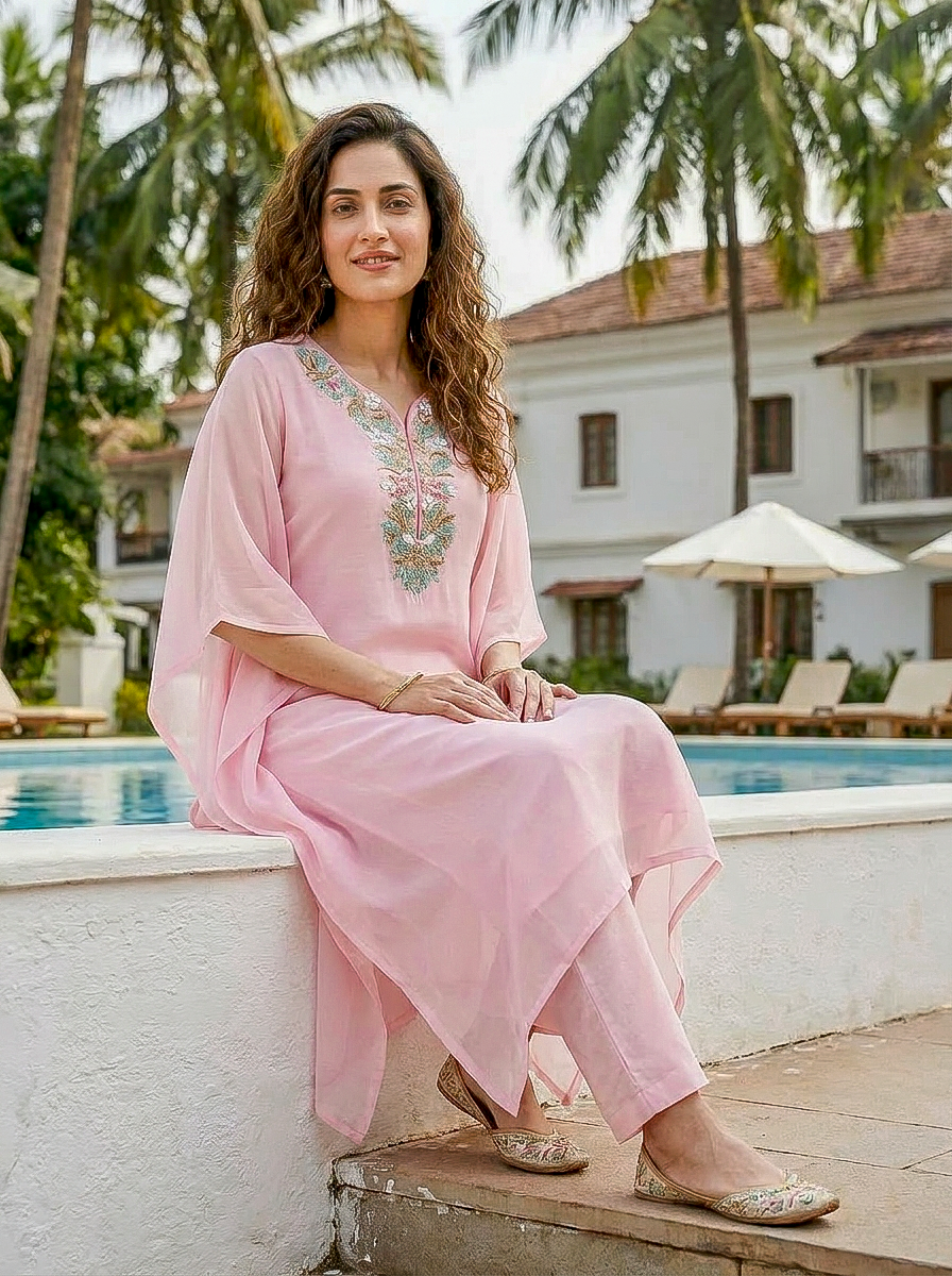Pink Embroidered Organza Kaftan with Pants — back view