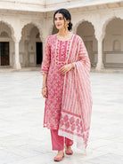 Pink Hand Block Print Kota Doria Kurta Set with Pants & Dupatta — full set front