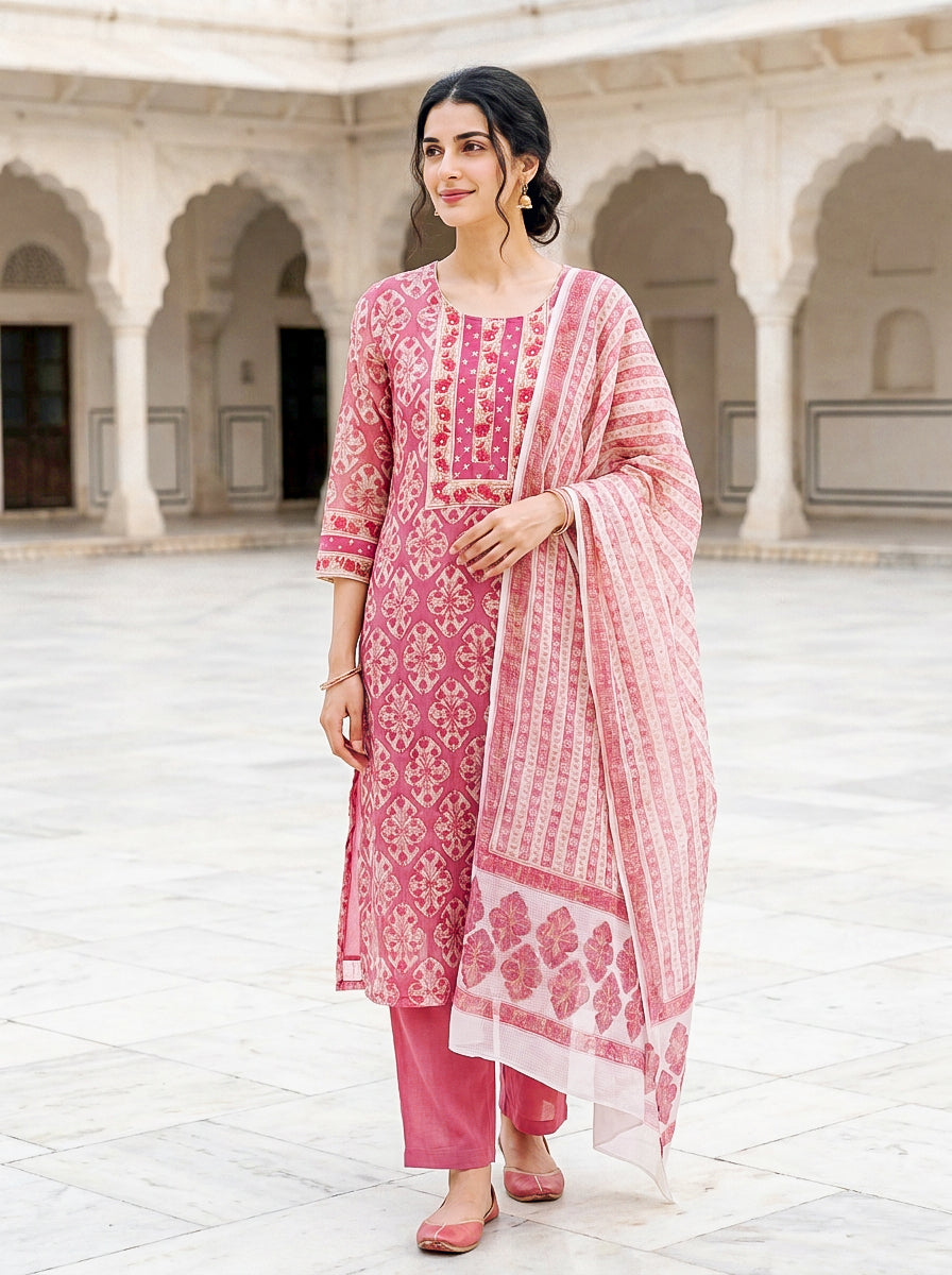 Pink Hand Block Print Kota Doria Kurta Set with Pants & Dupatta — full set front