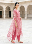 Pink Hand Block Print Kota Doria Kurta Set with Pants & Dupatta — model front