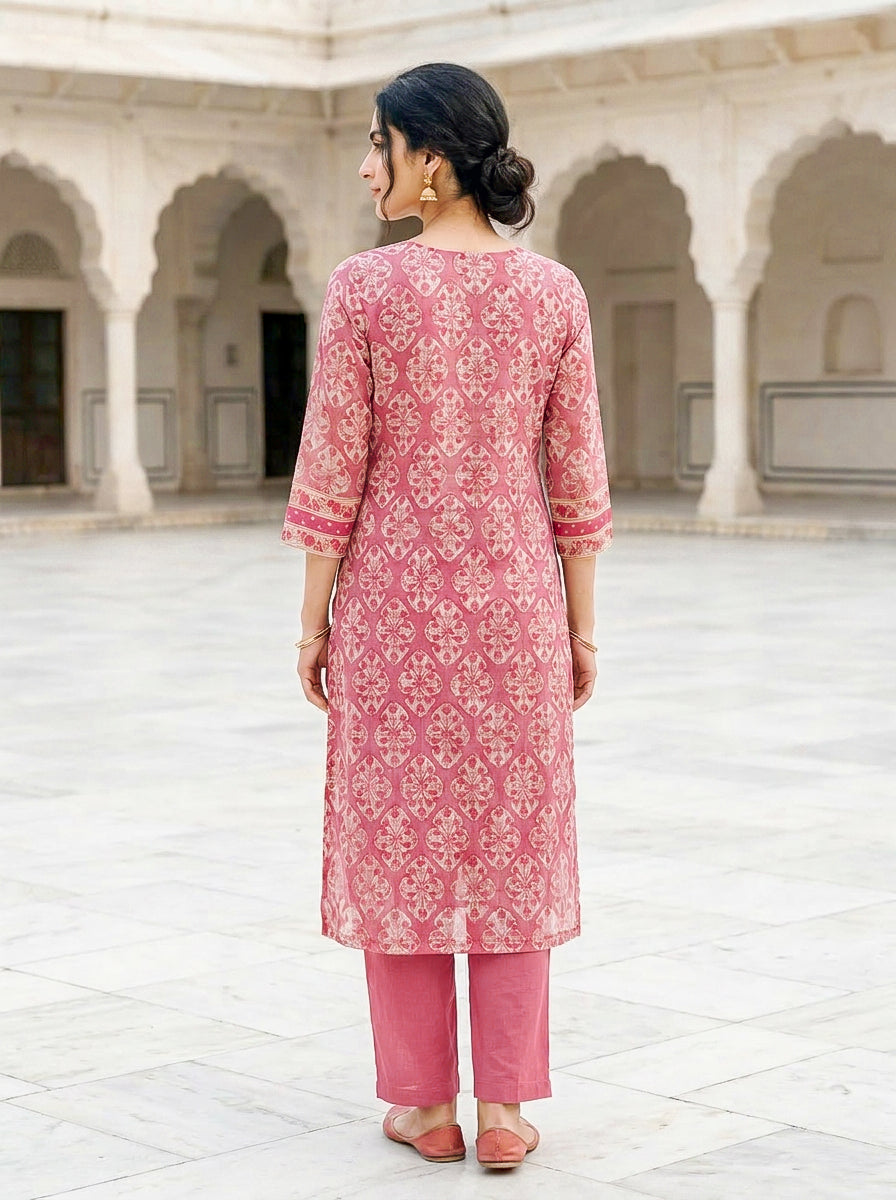 Pink Hand Block Print Kota Doria Kurta Set with Pants & Dupatta — kurta detail