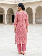 Pink Hand Block Print Kota Doria Kurta Set with Pants & Dupatta — kurta detail