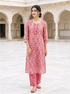 Pink Hand Block Print Kota Doria Kurta Set with Pants & Dupatta — back view