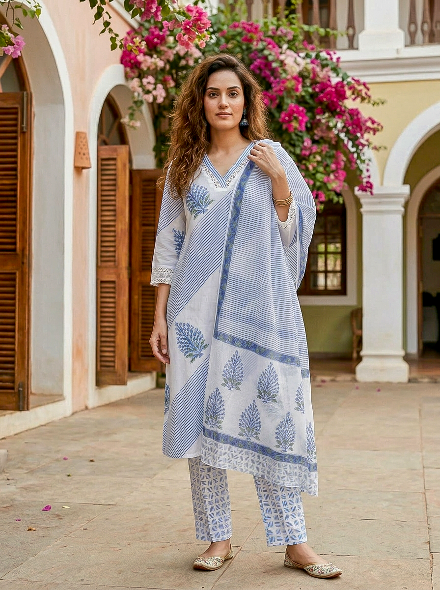 Indigo Blue Hand Block Print Cotton Kurta Set with Pants & Kota Dupatta — view 1