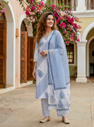 Indigo Blue Hand Block Print Cotton Kurta Set with Pants & Kota Dupatta — view 3