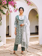 Sage Green Hand Block Print Cotton Kurta Set with Pants & Kota Dupatta — view 1