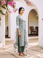 Sage Green Hand Block Print Cotton Kurta Set with Pants & Kota Dupatta — view 2