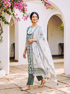 Sage Green Hand Block Print Cotton Kurta Set with Pants & Kota Dupatta — view 3