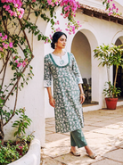 Sage Green Hand Block Print Cotton Kurta Set with Pants & Kota Dupatta — view 5