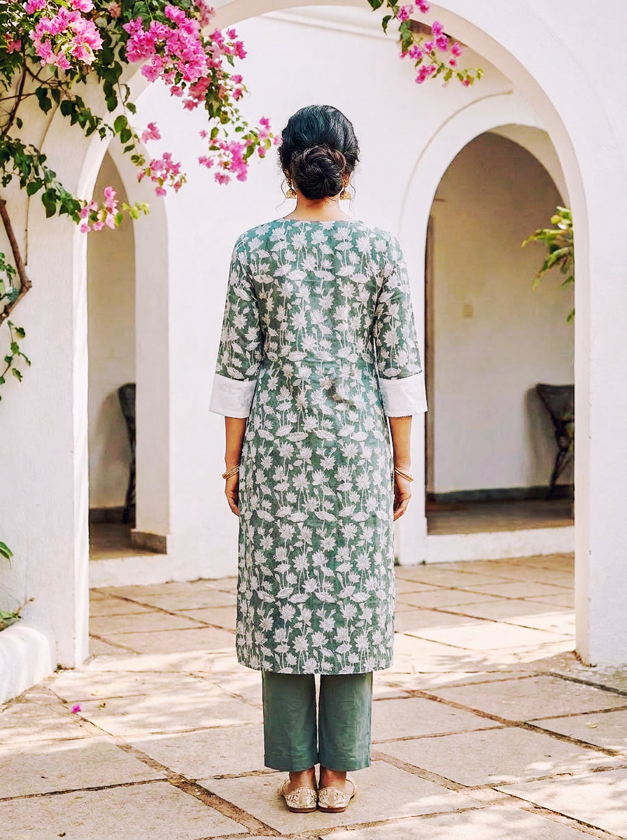 Sage Green Hand Block Print Cotton Kurta Set with Pants & Kota Dupatta — view 6