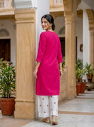 Fuchsia Pink Cotton Kurta with Embroidered Farshi Salwar — view 3