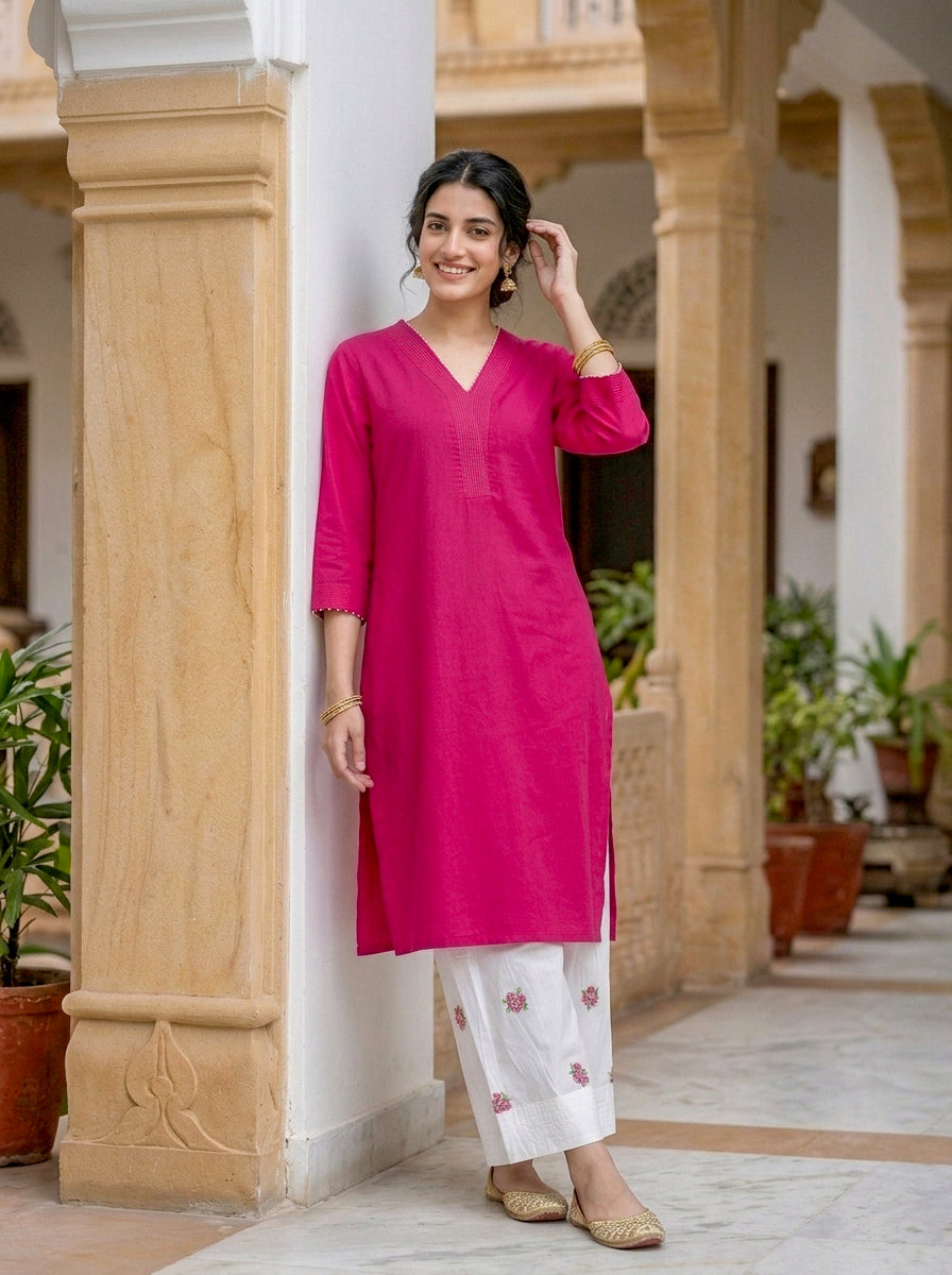 Fuchsia Pink Cotton Kurta with Embroidered Farshi Salwar — view 5