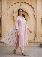 Red & White Striped Hand Block Print Cotton Kurta Set with Pants & Floral Dupatta — with dupatta, walking front view