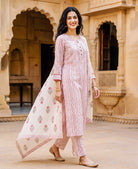 Red & White Striped Hand Block Print Cotton Kurta Set with Pants & Floral Dupatta — with dupatta, styled look