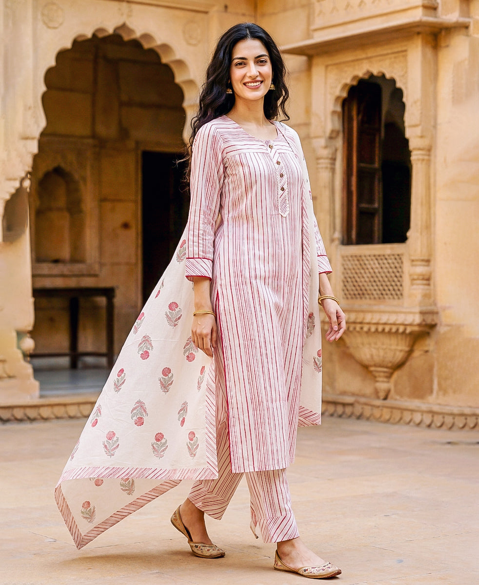 Red & White Striped Hand Block Print Cotton Kurta Set with Pants & Floral Dupatta — with dupatta, styled look