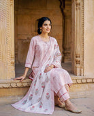 Red & White Striped Hand Block Print Cotton Kurta Set with Pants & Floral Dupatta — seated look with dupatta