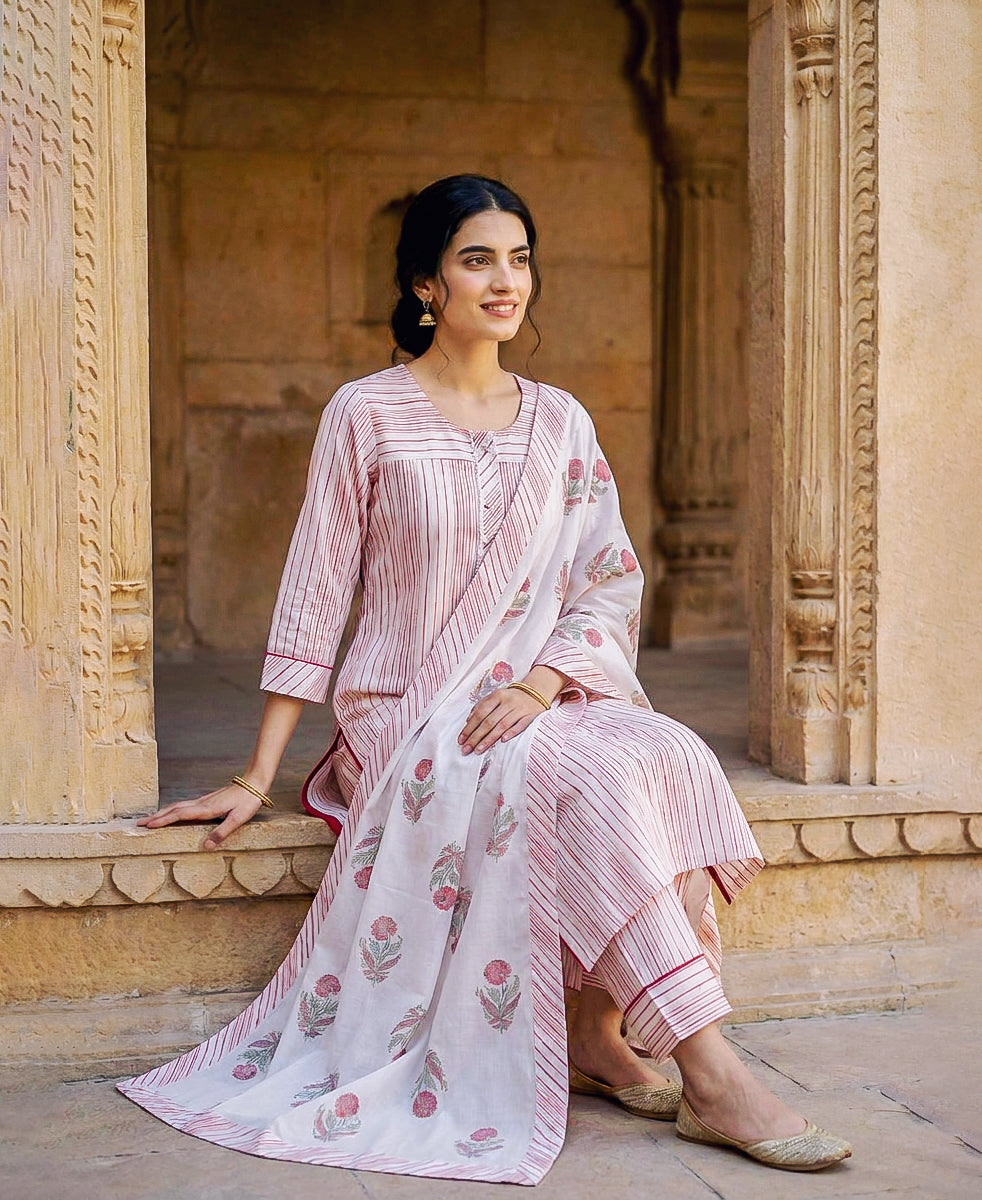Red & White Striped Hand Block Print Cotton Kurta Set with Pants & Floral Dupatta — seated look with dupatta