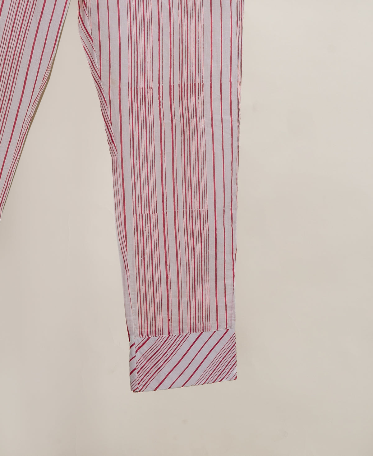 Red & White Striped Hand Block Print Cotton Kurta Set with Pants & Floral Dupatta — striped pants with red piped hem detail