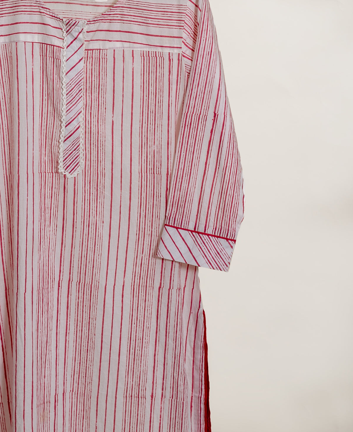Red & White Striped Hand Block Print Cotton Kurta Set with Pants & Floral Dupatta — striped kurta placket and piped cuff detail