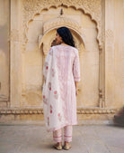 Red & White Striped Hand Block Print Cotton Kurta Set with Pants & Floral Dupatta — back view with dupatta