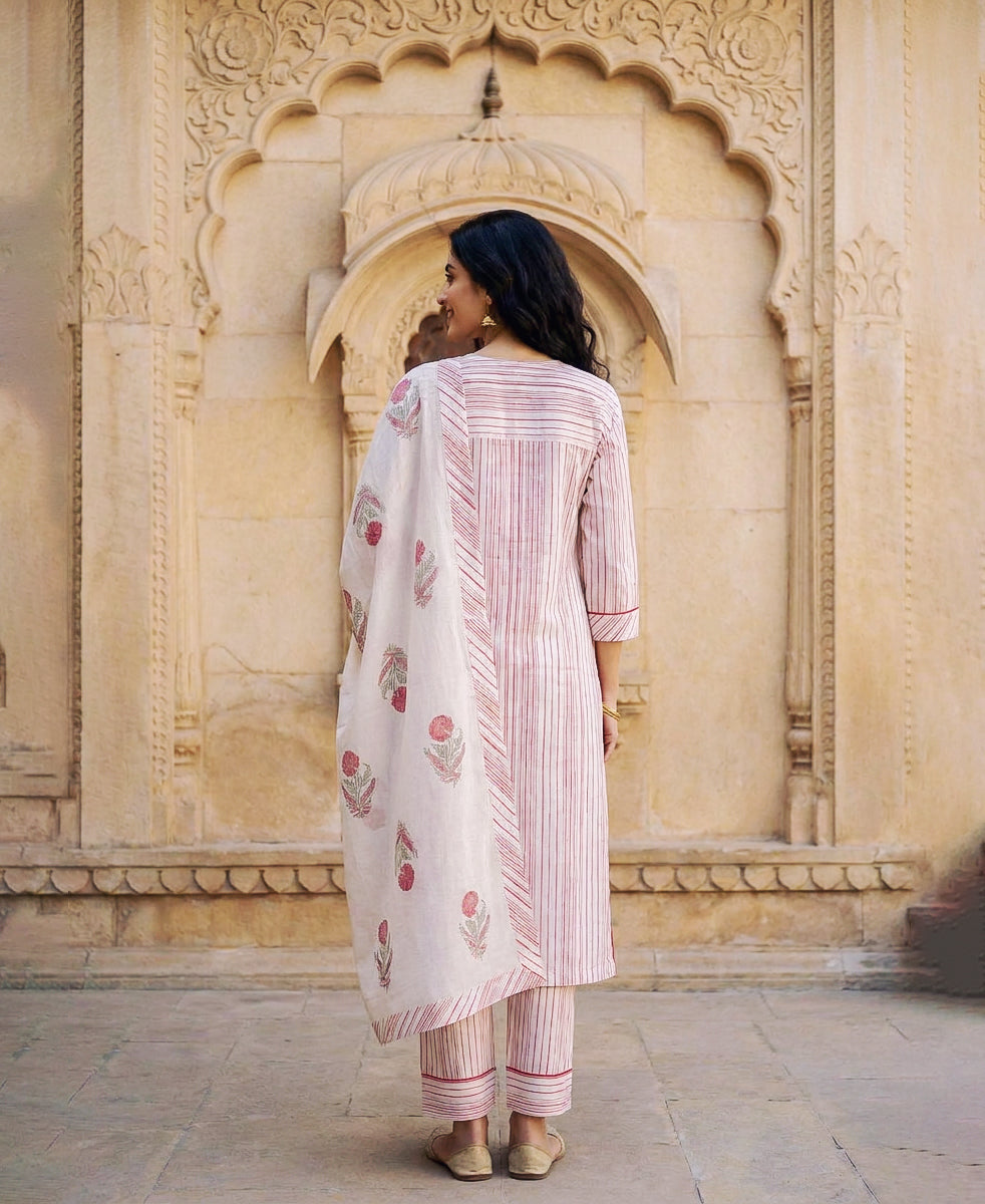 Red & White Striped Hand Block Print Cotton Kurta Set with Pants & Floral Dupatta — back view with dupatta