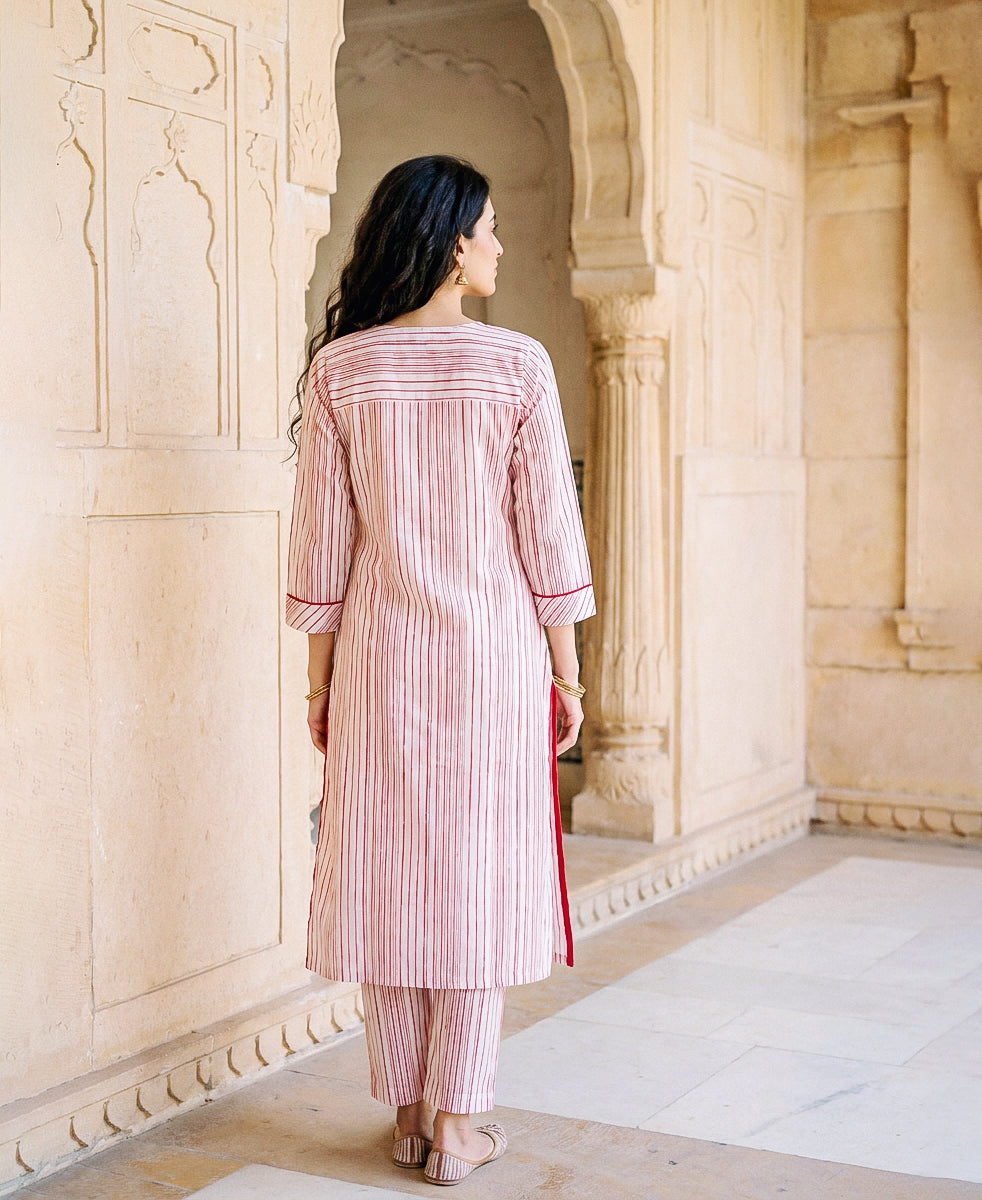 Red & White Striped Hand Block Print Cotton Kurta Set with Pants & Floral Dupatta — back view without dupatta