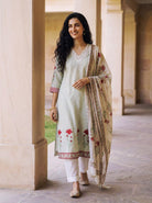 Sage Green Striped Hand Block Print Cotton Kurta Set with White Pants & Kota Dupatta — with dupatta, front view