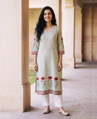 Sage Green Striped Hand Block Print Cotton Kurta Set with White Pants & Kota Dupatta — kurta and white pants, front view