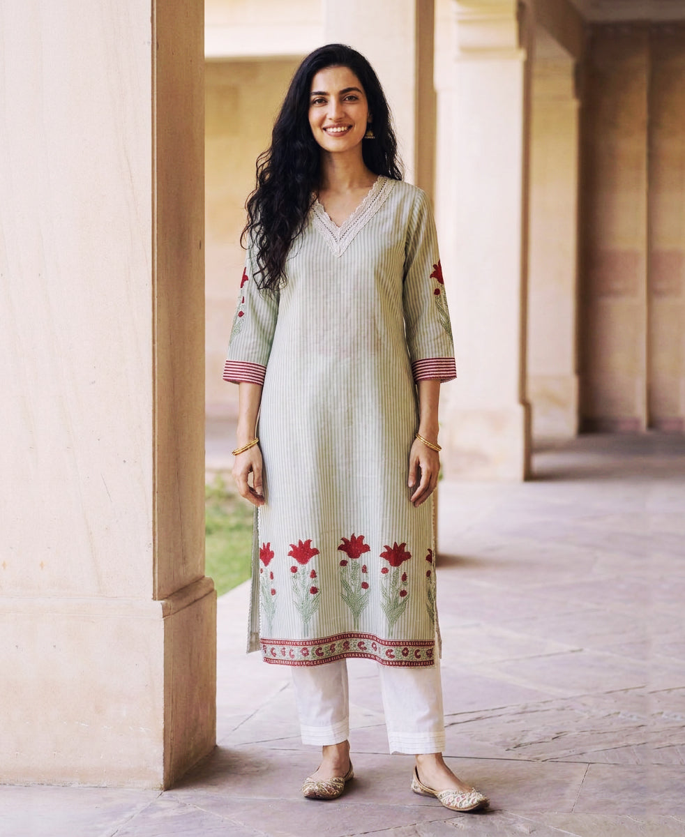Sage Green Striped Hand Block Print Cotton Kurta Set with White Pants & Kota Dupatta — kurta and white pants, front view