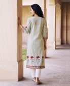 Sage Green Striped Hand Block Print Cotton Kurta Set with White Pants & Kota Dupatta — back view