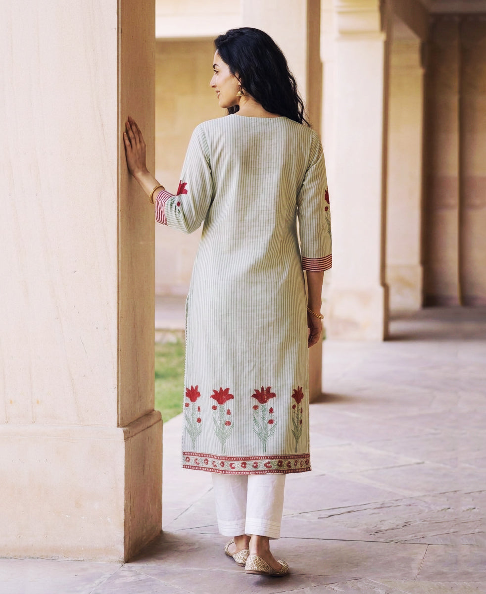 Sage Green Striped Hand Block Print Cotton Kurta Set with White Pants & Kota Dupatta — back view