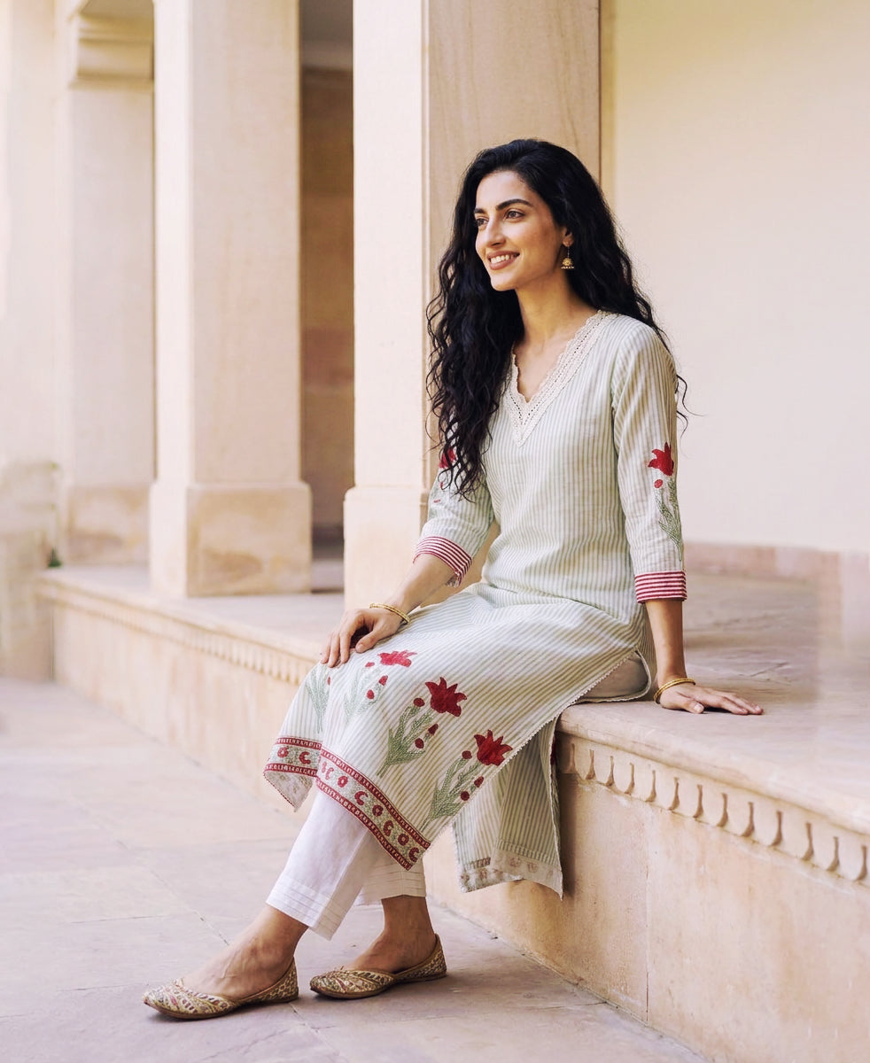 Sage Green Striped Hand Block Print Cotton Kurta Set with White Pants & Kota Dupatta — seated styled look