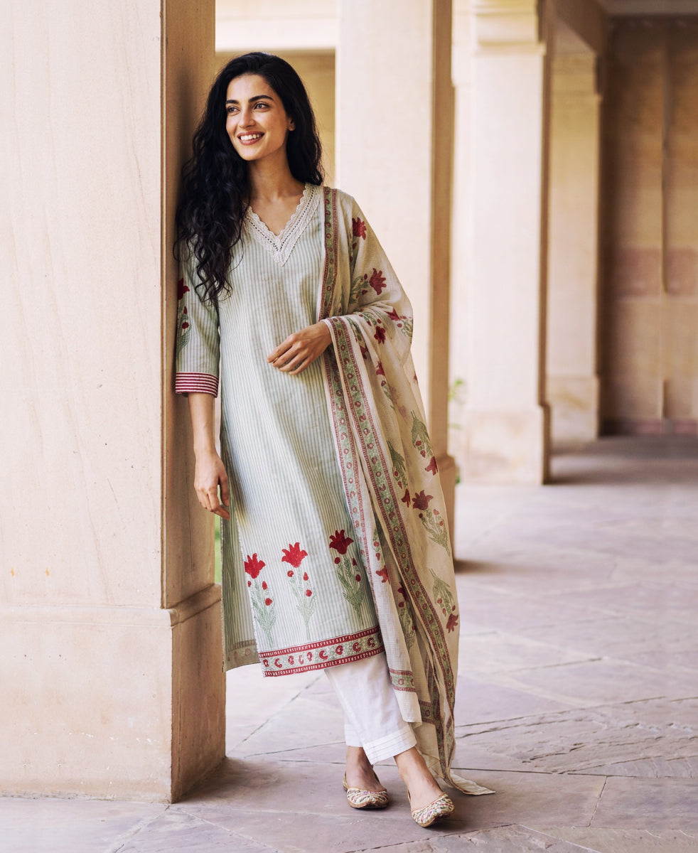 Sage Green Striped Hand Block Print Cotton Kurta Set with White Pants & Kota Dupatta — with dupatta, leaning look