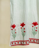 Sage Green Striped Hand Block Print Cotton Kurta Set with White Pants & Kota Dupatta — tulip block print hem detail
