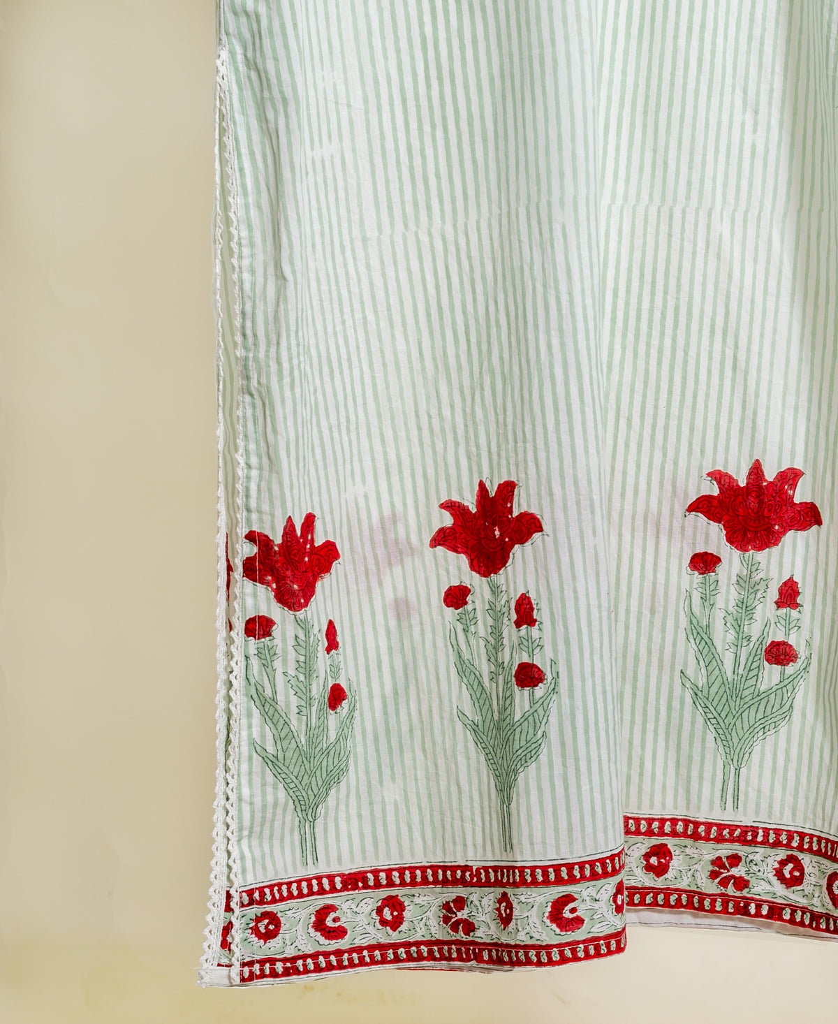 Sage Green Striped Hand Block Print Cotton Kurta Set with White Pants & Kota Dupatta — tulip block print hem detail