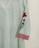 Sage Green Striped Hand Block Print Cotton Kurta Set with White Pants & Kota Dupatta — lace V-neck and tulip sleeve detail