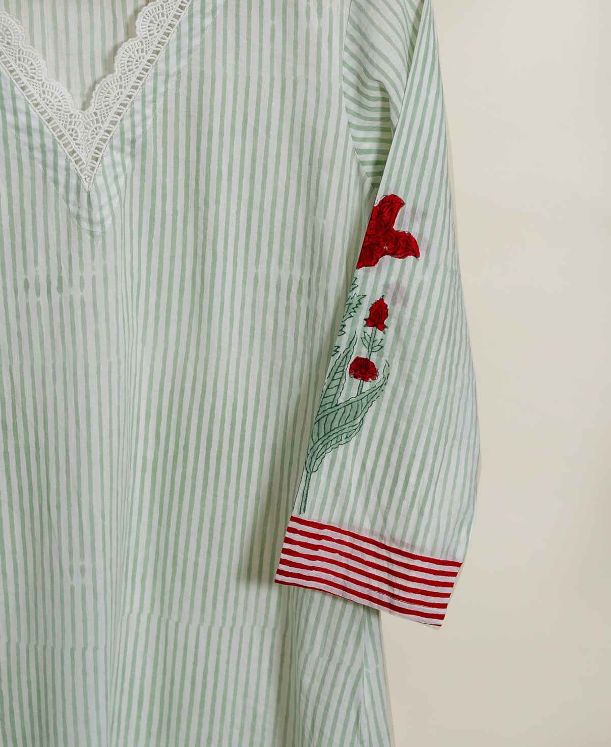 Sage Green Striped Hand Block Print Cotton Kurta Set with White Pants & Kota Dupatta — lace V-neck and tulip sleeve detail