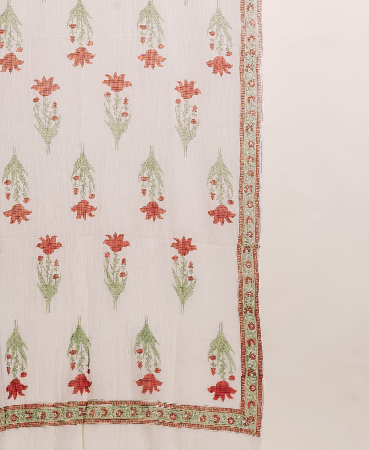 Sage Green Striped Hand Block Print Cotton Kurta Set with White Pants & Kota Dupatta — Kota Doria dupatta print detail