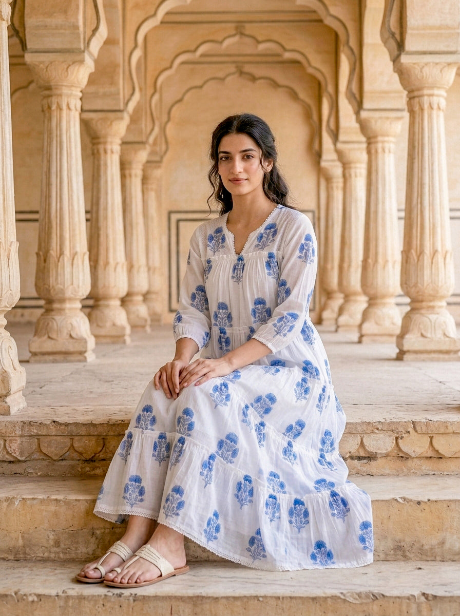 Blue Floral Hand Block Print Cotton Tiered Maxi Dress — view 1