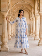 Blue Floral Hand Block Print Cotton Tiered Maxi Dress — view 3