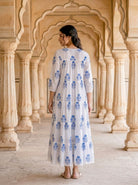 Blue Floral Hand Block Print Cotton Tiered Maxi Dress — view 4