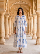 Blue Floral Hand Block Print Cotton Tiered Maxi Dress — view 5