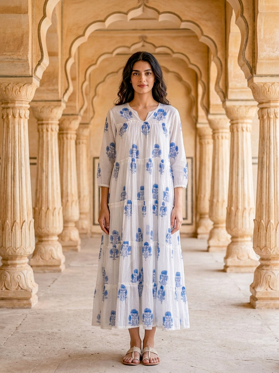 Blue Floral Hand Block Print Cotton Tiered Maxi Dress — view 5