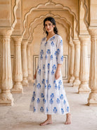 Blue Floral Hand Block Print Cotton Tiered Maxi Dress — view 6