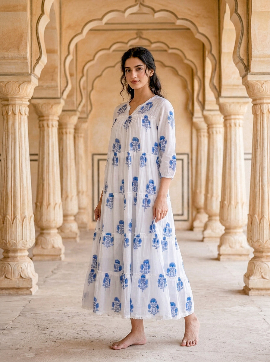 Blue Floral Hand Block Print Cotton Tiered Maxi Dress — view 6