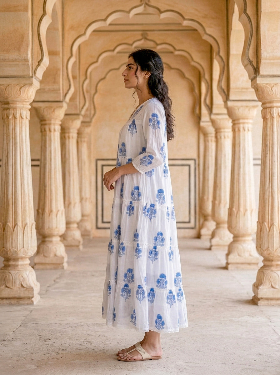 Blue Floral Hand Block Print Cotton Tiered Maxi Dress — view 7