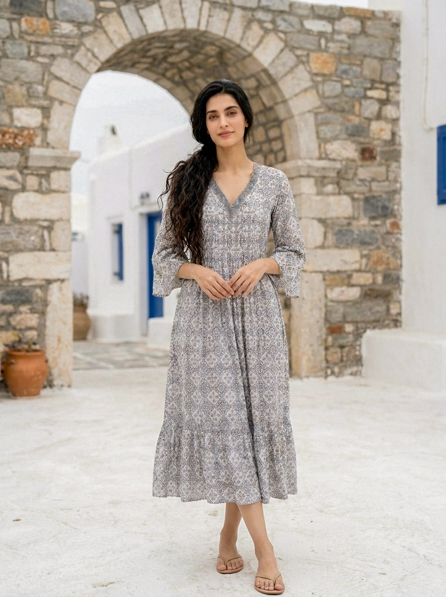 Multicolour Handblock Cotton Bell-Sleeve Dress with Pleated Yoke — product photo