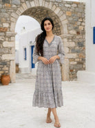 Multicolour Handblock Cotton Bell-Sleeve Dress with Pleated Yoke — product photo